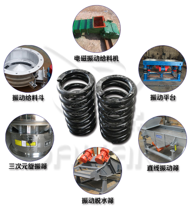 旋振篩減震彈簧適用產品：振動給料機，電磁振動給料機，振動平臺，直線振動篩，振動脫水篩，三次元旋振篩。
